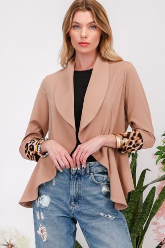 Celeste Full Size Rolled Leopard Cuff Open Front Blazer - Trendsi - Modalova