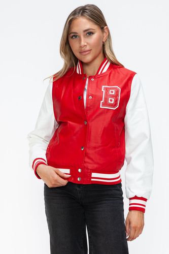 Love Me Now PU Leather Contrast Snap Down Bomber Jacket - Trendsi - Modalova