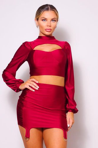 Puff Long Sleeve Front Cutout Turtleneck Blouse & Side Ruched Garter Mini Skirt Set - KandyKouture - Modalova