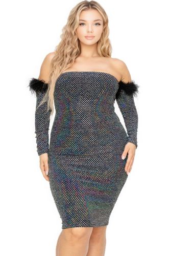 Plus Off Shoulder Feather Trim Detail Sequin Dress - KandyKouture - Modalova