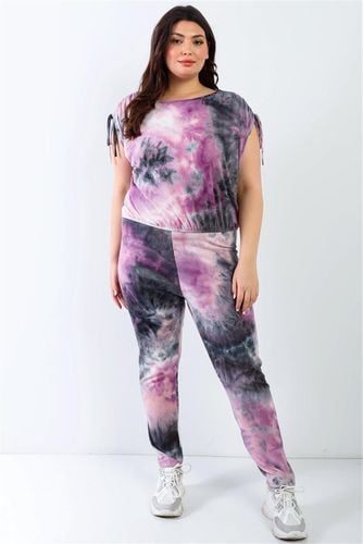 Plus Purple & Black Tie-dye Ruched Shoulder Detail Top & Pants Set - KandyKouture - Modalova