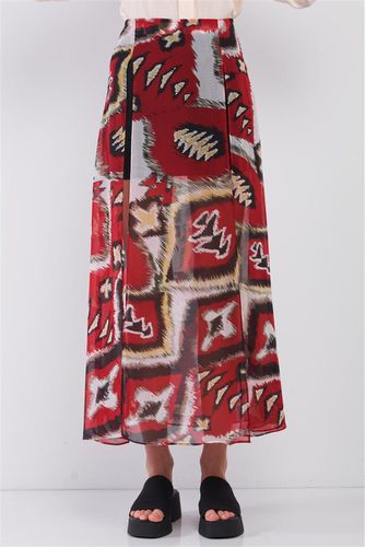 Red & Multi Vintage Graphic Print High-waisted Two Front Slits Maxi Skirt - KandyKouture - Modalova