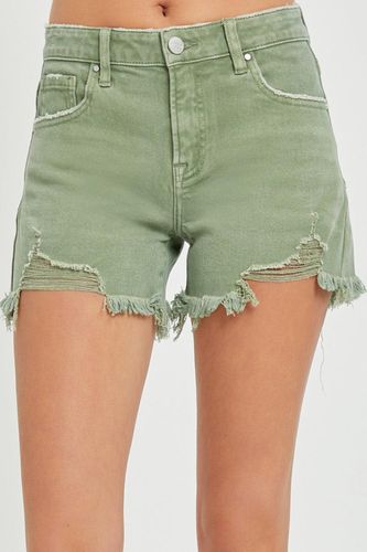 RISEN Mid Waist Frayed Hem Denim Shorts - Trendsi - Modalova