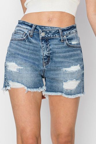 RISEN Stepped Waist Frayed Denim Shorts - Trendsi - Modalova