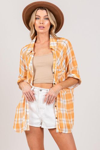 SAGE + FIG Plaid Button Up Side Slit Shirt - Trendsi - Modalova