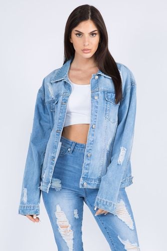 American Bazi Full Size Painted Back Distressed Denim Jacket - Trendsi - Modalova