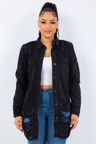 American Bazi Distressed Button Up Long Sleeve Denim Jacket - Trendsi - Modalova