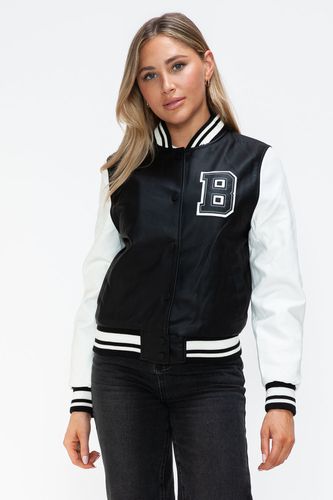 Love Me Now PU Leather Contrast Snap Down Bomber Jacket - Trendsi - Modalova