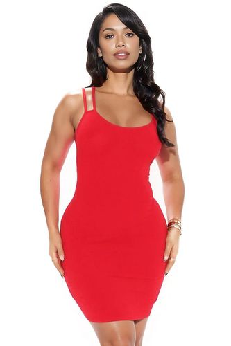 Red Ribbed Double Straps Sexy Fitted Dress - AMIClubwear - Modalova