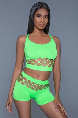 Pc silk fishnet set that includes a tank crop top with criss-cross cami straps and a pair of high waisted booty shorts - KandyKouture - Modalova