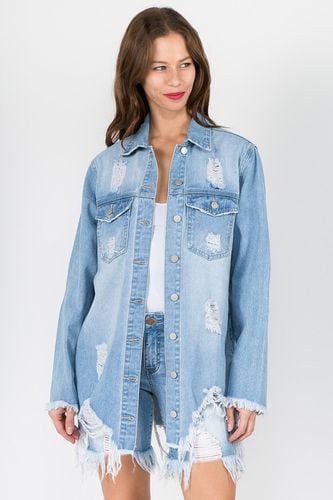 American Bazi Distressed Frayed Hem Denim Jacket - Trendsi - Modalova