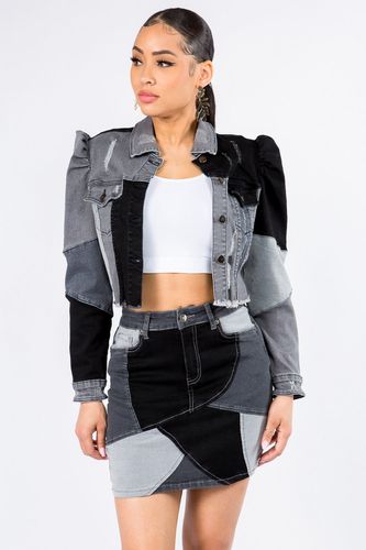 American Bazi Button Up Cropped Patchwork Denim Jacket - Trendsi - Modalova