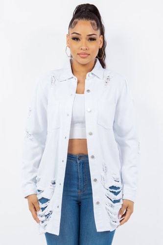 American Bazi Distressed Button Up Long Sleeve Denim Jacket - Trendsi - Modalova