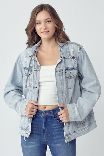 RISEN Full Size Distressed Drawstring Hooded Denim Jacket - Trendsi - Modalova