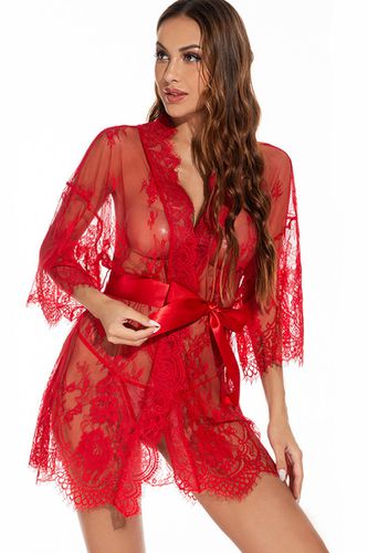 Red Lace Embroidered Robe Thong Belt 3Pc Lingerie Set - Kandy Kouture - Modalova