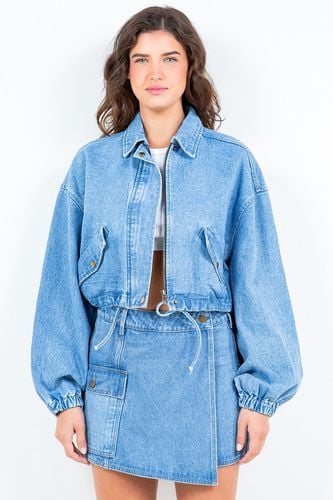 American Bazi Drawstring Waist Crop Denim Jacket - Trendsi - Modalova