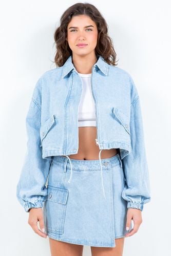 American Bazi Drawstring Waist Crop Denim Jacket - Trendsi - Modalova