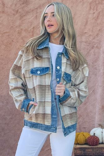 And The Why Full Size Washed Denim Detail Brushed Plaid Jacket - Trendsi - Modalova