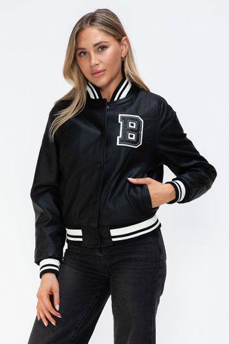 Love Me Now PU Leather Contrast Snap Down Bomber Jacket - Trendsi - Modalova