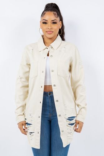 American Bazi Distressed Button Up Long Sleeve Denim Jacket - Trendsi - Modalova