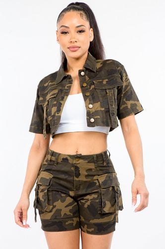 American Bazi Full Size Camouflage Short Sleeve Cropped Jacket - Trendsi - Modalova