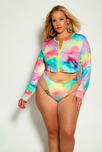 Mint Yellow Long Sleeve Front Zipper Two Piece Swimsuit - AMIClubwearStore - Modalova