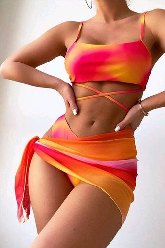 Orange Tie Dye Print Criss-Cross 3 Pc Bikini Set With Cover Up - AMIClubwear - Modalova