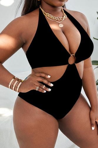 Black O-Ring Halter One Piece Plus Size Swimsuit - AMIClubwear - Modalova