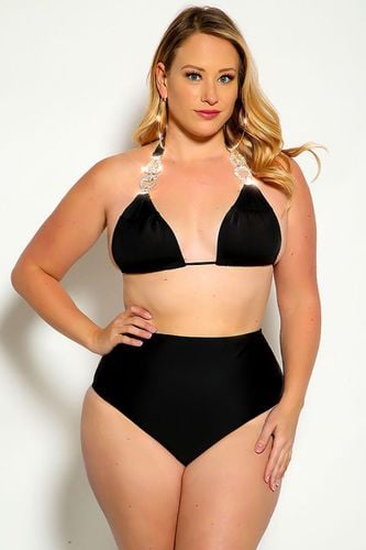 Black Halter Rhinestone Detail High Waist Plus Size Two Piece Swimsuit - AMIClubwearStore - Modalova