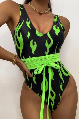 Black Lime Sleeveless Flames Print Wrap Around One Piece Sexy Swimsuit - AMIClubwearStore - Modalova