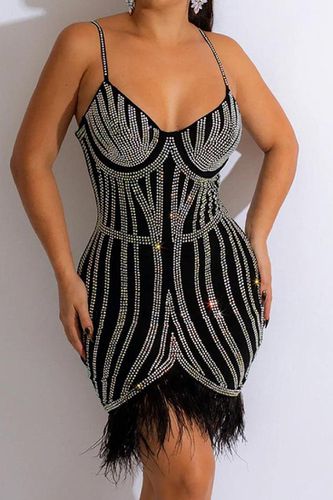 Black Rhinestone Faux Feather Trim Mesh Sleeveless Party Dress - AMIClubwear - Modalova