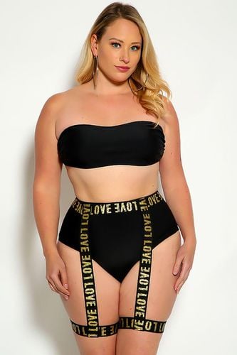 Black Strapless Bandeau Love Print Garter Plus Size Two Piece Swimsuit - AMIClubwearStore - Modalova