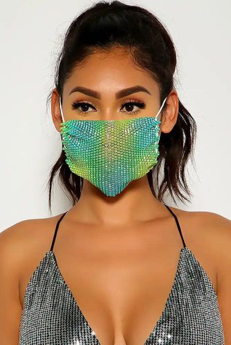 Blue Green Rhinestones Face Mask - Kandy Kouture - Modalova