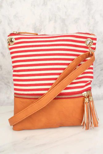 Camel Red Striped Faux Leather Shoulder Handbag - Kandy Kouture - Modalova