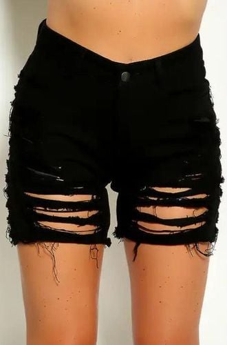 Black Denim Distressed Button Fly Denim Shorts - AMIClubwearStore - Modalova