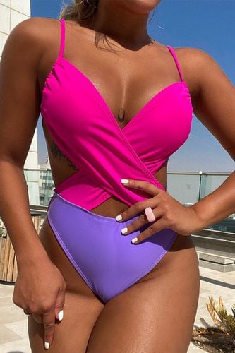 Purple Fuchsia Strappy Halter Sexy One Piece Swimsuit - AMIClubwear - Modalova