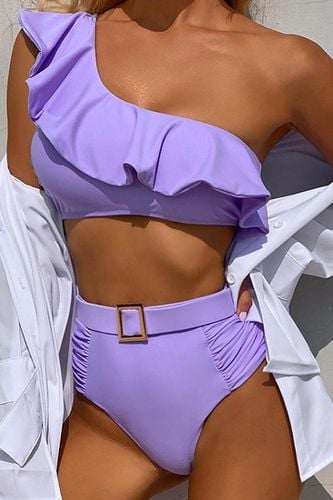 Purple One Shoulder Ruffled Belted High Waist Two Piece Sexy Swimsuit - AMIClubwearStore - Modalova