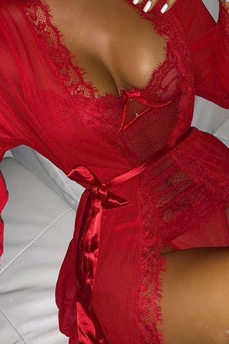 Red Mesh Lace Trim Robe Dotted Teddy Two Piece Lingerie Set - Kandy Kouture - Modalova