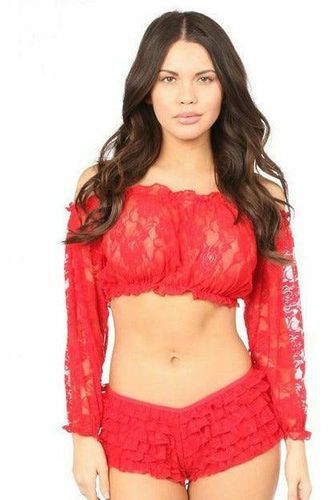 Red Sheer Lace Long Sleeve Peasant Top - Daisy Corsets - Modalova