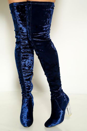 Royal Blue Crushed Velvet Clear Heel Thigh High Boots - AMIClubwear - Modalova