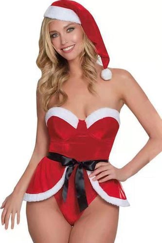 Secret Santa Red Sleeveless Bodysuit Curved Hem 3 Pc Holiday Costume - AMIClubwear - Modalova