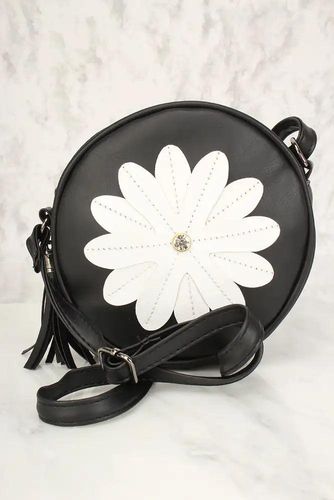 Sexy Black Flower Patch Distressed Faux Leather Circle Crossbody Bag - Kandy Kouture - Modalova