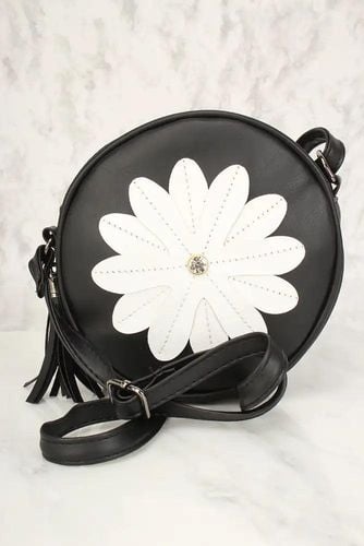 Sexy Black Flower Patch Distressed Faux Leather Circle Crossbody Bag - Kandy Kouture - Modalova