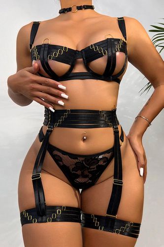 Sexy Black Strappy Cupless O-Ring Detail Lingerie Set - AMIClubwear - Modalova