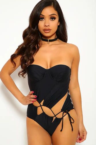 Sexy Black Push Up Lace Up Cut Out One Piece Swimsuit - Kandy Kouture - Modalova