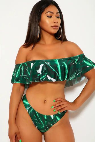 Sexy Green Leaf Print Off The Shoulders Padded 2Pc. Bikini - Kandy Kouture - Modalova