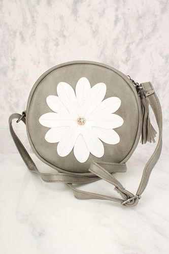 Sexy Grey Flower Patch Distressed Faux Leather Circle Crossbody Bag - Kandy Kouture - Modalova