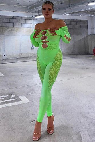 Sexy Neon Green Stretchy Mesh Rhinestone Button Bodysuit Jumpsuit - AMIClubwear - Modalova