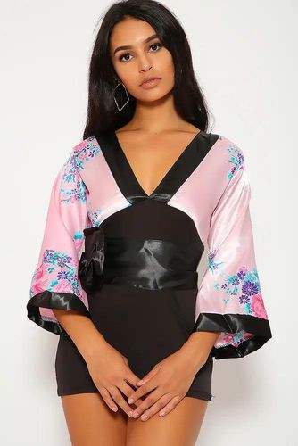 Sexy Pink Black Print Traditional Japanese Kimono 3pc Sexy Costume - Kandy Kouture - Modalova