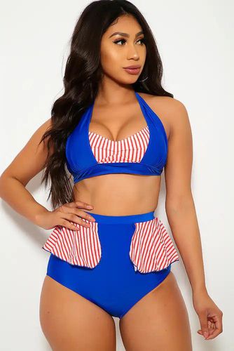 Sexy Royal Blue Striped Halter Ruffled High Waist Two Piece Swimsuit - Kandy Kouture - Modalova